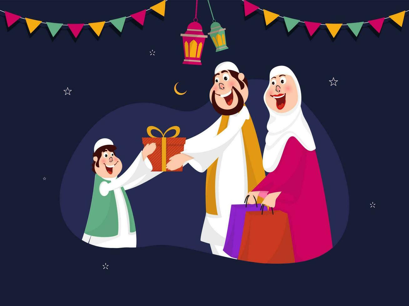 tekenfilm karakter van Islamitisch paar wensen en geven geschenk naar een kind Aan gelegenheid van Islamitisch festival eid mubarak. vector