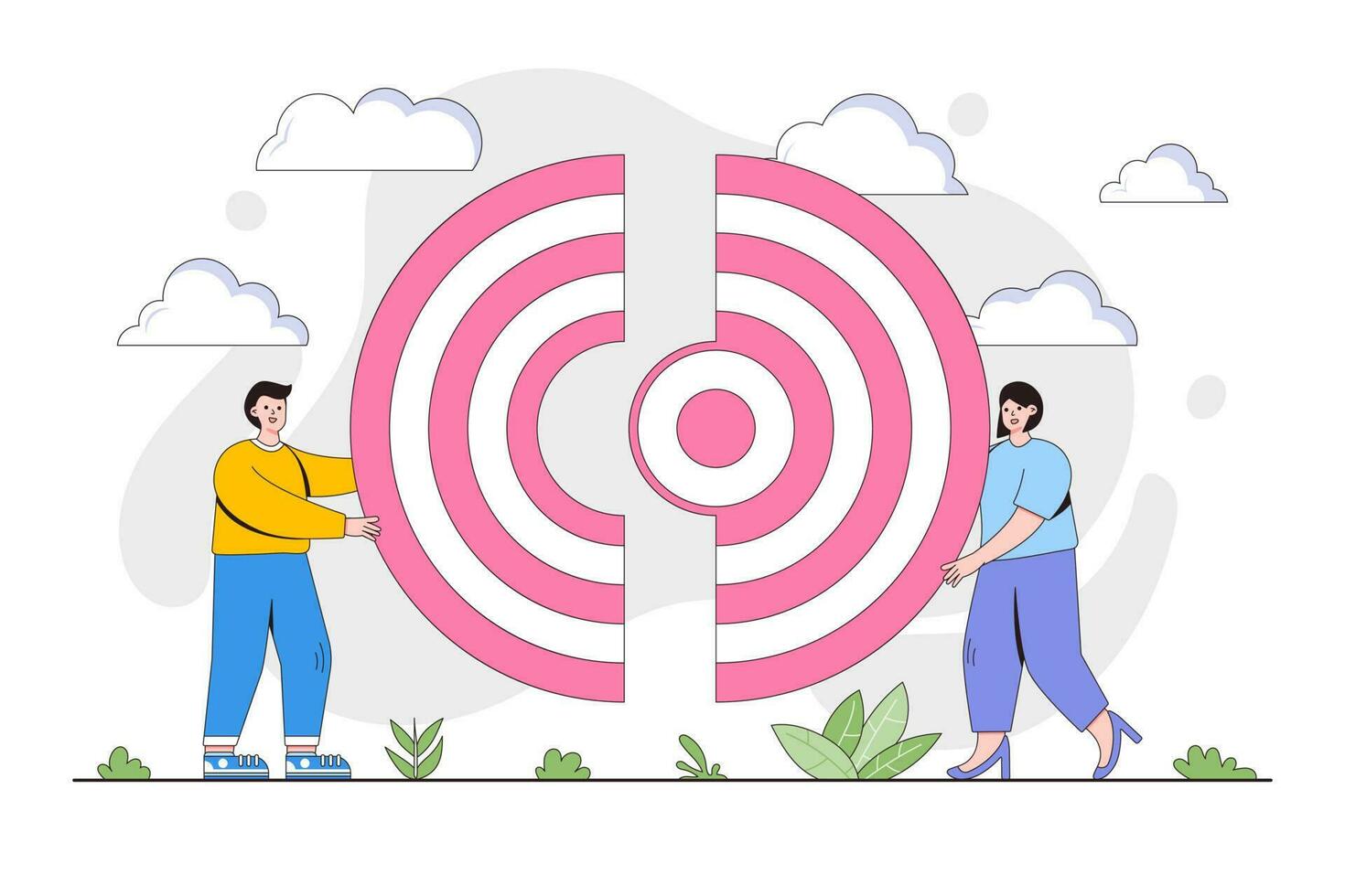vector illustratie van verbinding van twee helften doelwit puzzel, samenspel en samenwerking met mensen tekens