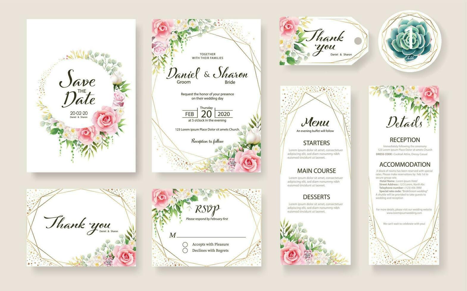 bloemen bruiloft uitnodiging kaart, opslaan de datum, dank jij, RSVP, tafel label, tage sjabloon. vector. roos bloem, sappig, groen planten. vector