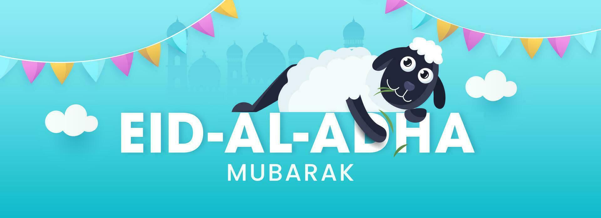 wit eid-al-adha mubarak tekst met tekenfilm schapen en kleurrijk vlaggedoek vlaggen Aan blauw silhouet moskee achtergrond. vector