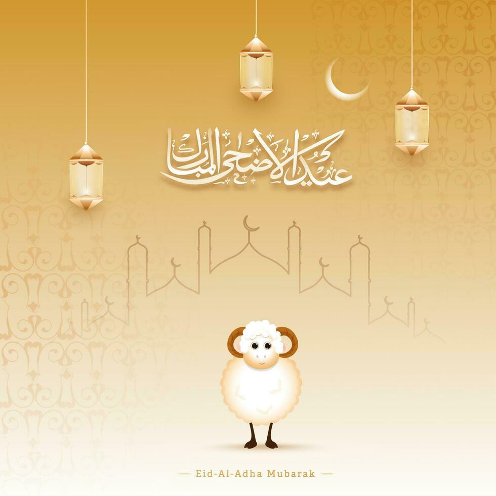 eid-al-adha mubarak schoonschrift in Arabisch taal met tekenfilm schaap, lijn kunst moskee, halve maan maan en hangende verlichte lantaarns Aan gouden Islamitisch patroon achtergrond. vector