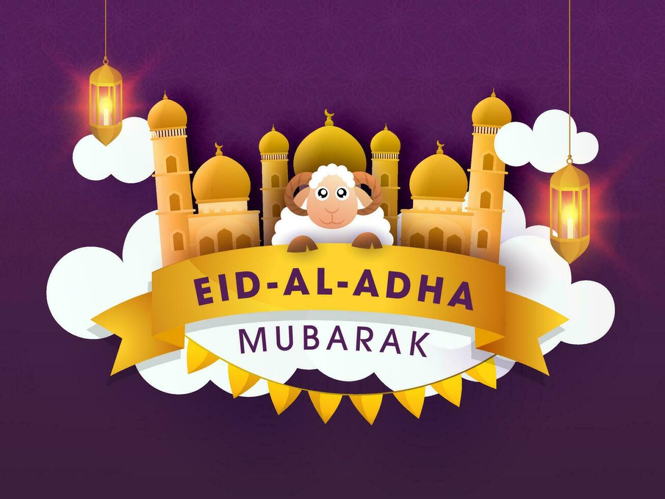 eid-al-adha mubarak tekst in gouden lint met tekenfilm schaap, moskee, wolken en hangende verlichte lantaarns Aan Purper achtergrond. vector