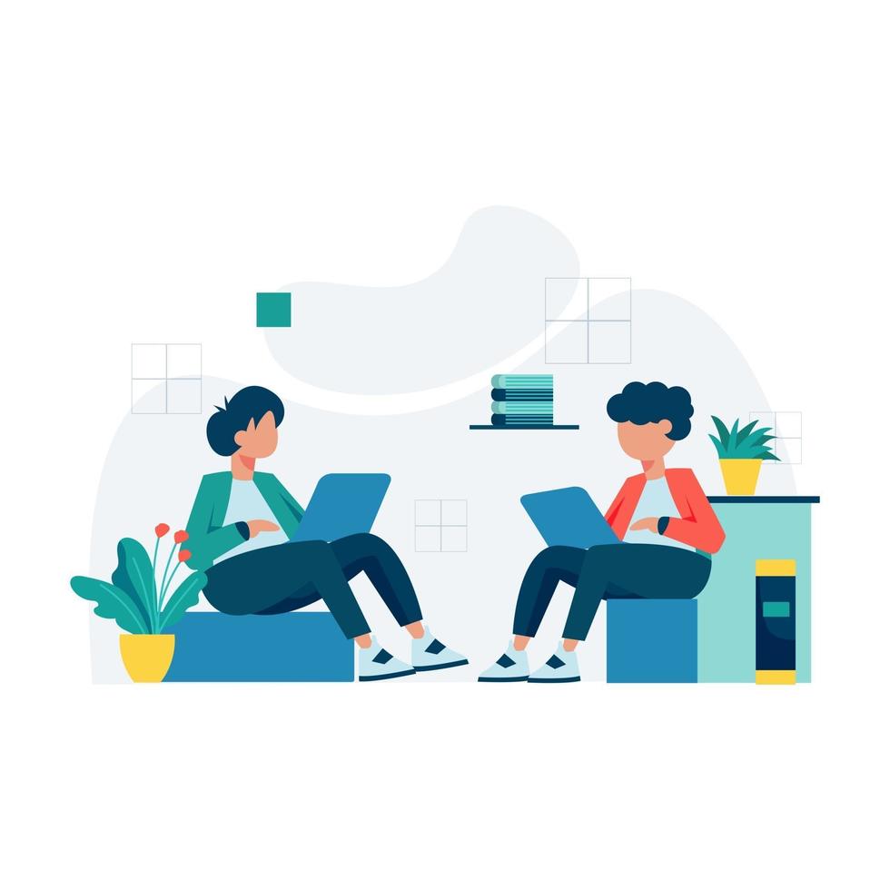 freelancers werken en discussiëren in coworking space vector illustratie