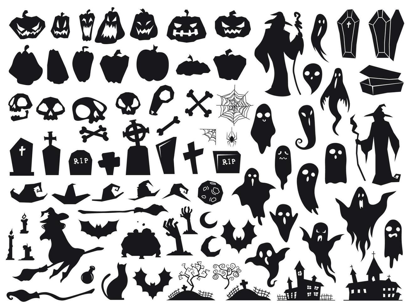 halloween silhouetten. spookachtig onheil heks, griezelig graf lijkkist en tovenaar silhouet. pompoen, spin en geest vector illustratie reeks