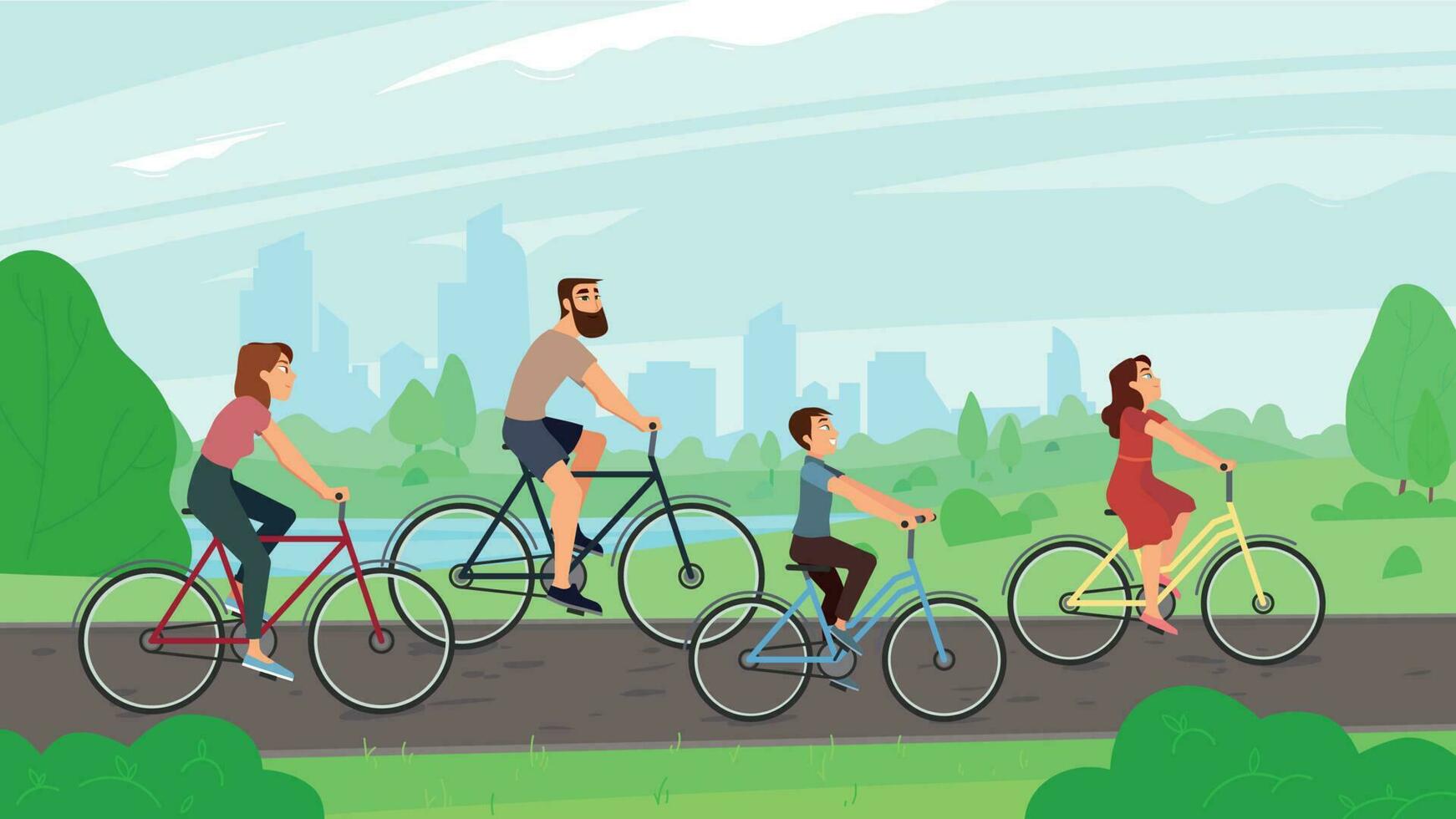 gelukkig jong familie rijden Aan Fietsen Bij park. ouders en kinderen rijden fietsen. zomer activiteiten en gezinnen vrije tijd vector illustratie