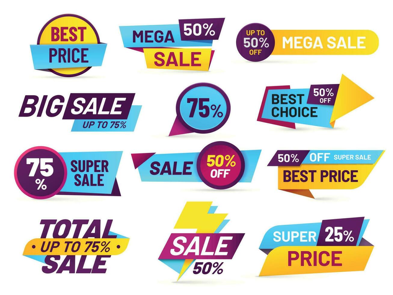verkoop tags. detailhandel stickers, promotie prijs label en winkel prijsstelling banner sticker geïsoleerde vector set