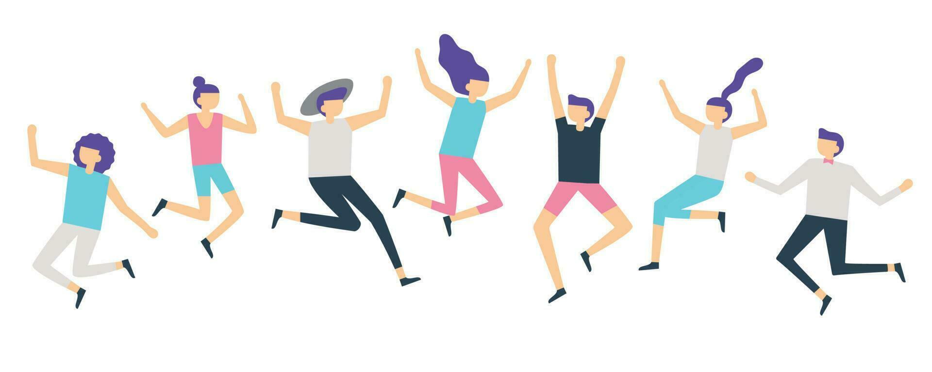 jumping mensen. actief volwassenen vrienden groep springen. gelukkig vrouw en mannetje tekens gesprongen en lach vector illustratie