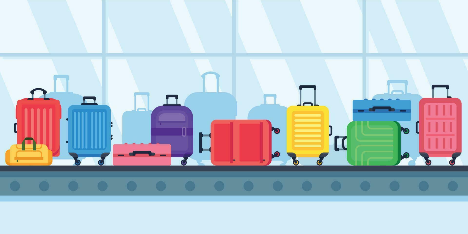 bagage riem transportband. reizen koffers Aan luchthaven bagage carrousel, vliegmaatschappij verloren koffer vector illustratie