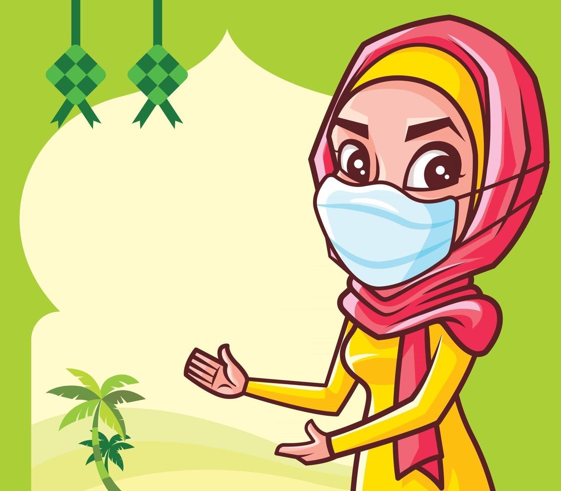 moslimvrouw met hijab die medisch gezichtsmasker draagt dat op het lege uithangbord van het ramadanfestival presenteert vector