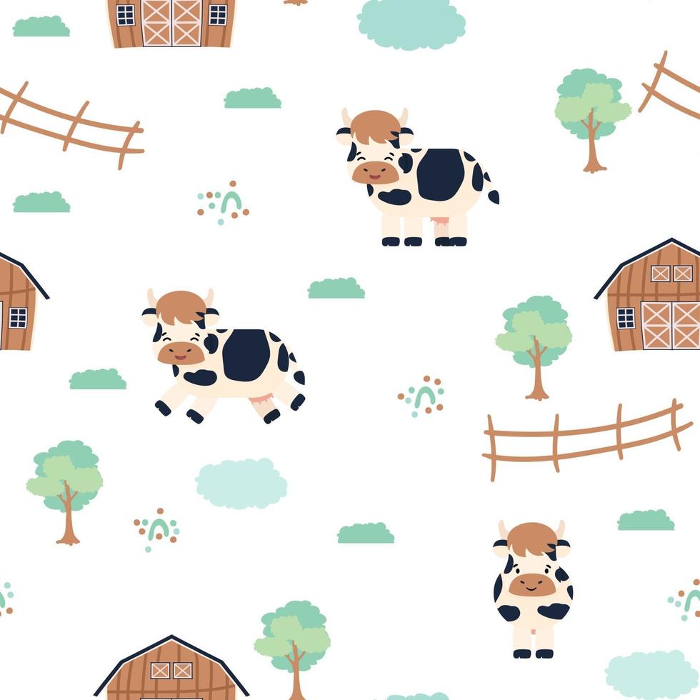 schattige koe boerderij doodle cartoon dieren naadloze patroon op witte achtergrond vector