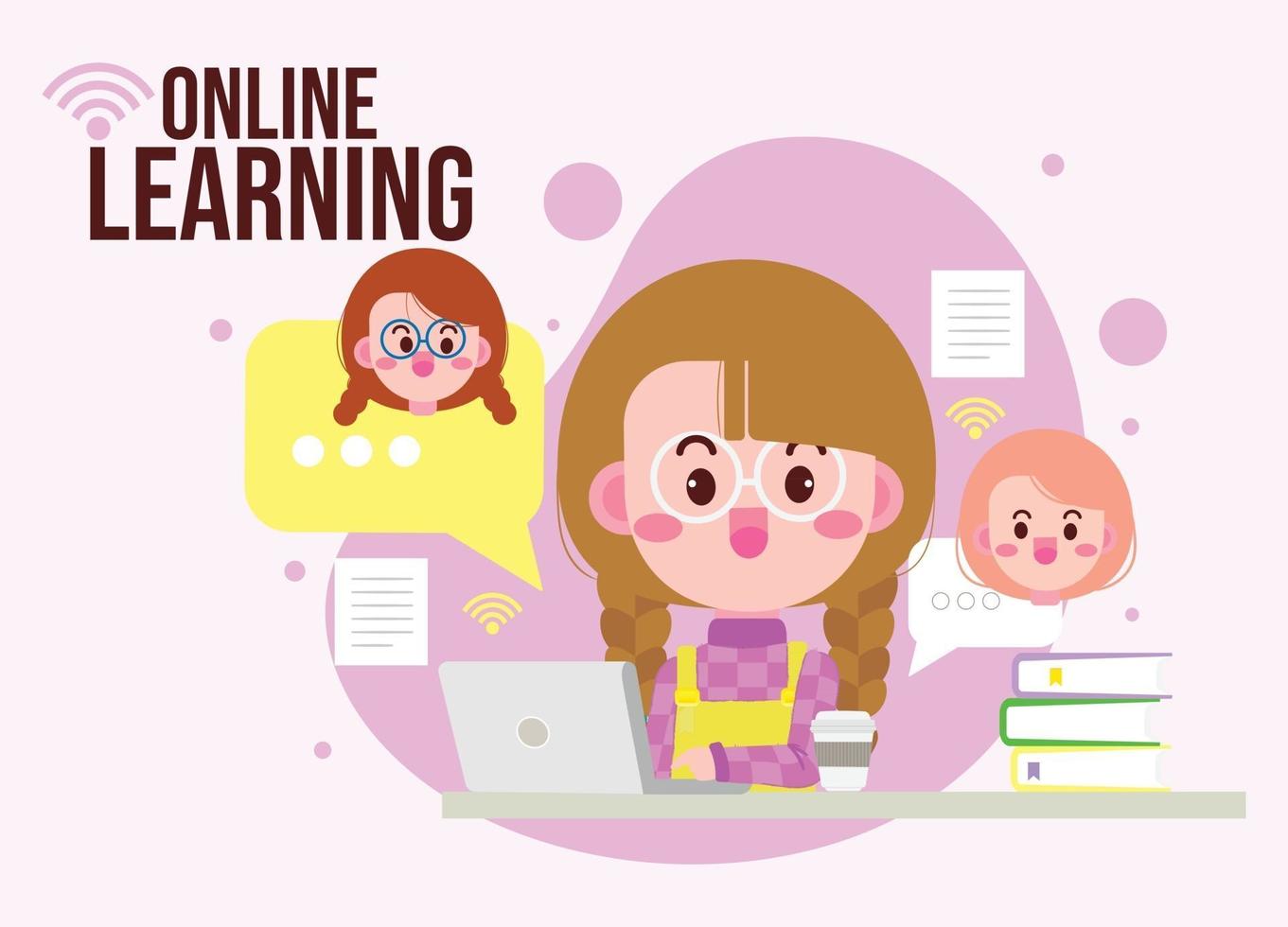 schattige jongen online leren met computer laptop cartoon afbeelding vector