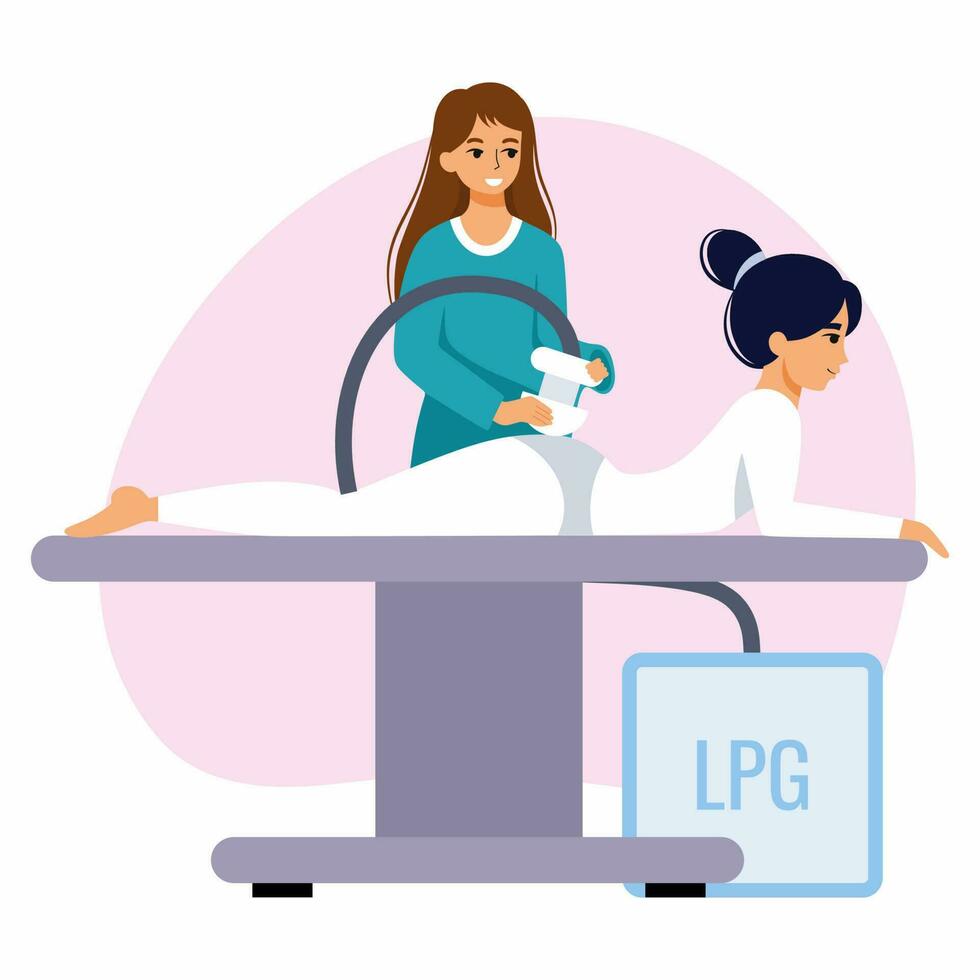 jong vrouw doet lpg massage. zorg voor schoonheid en jeugd van lichaam. kunstmatig procedure voor slankheid. schoonheid salons. vector