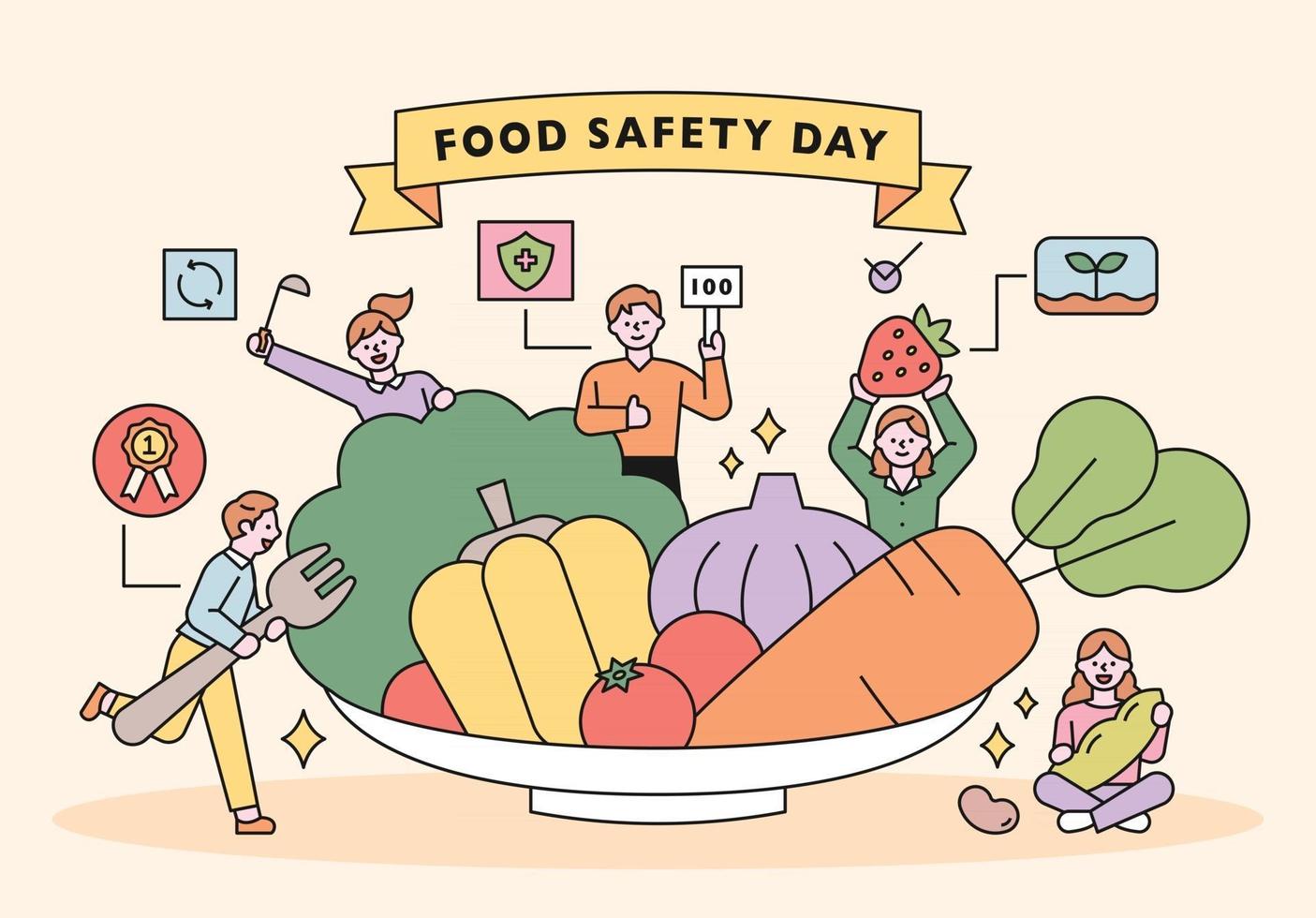 voedselveiligheidsdag. klanten die op zoek zijn naar gezond en veilig eten met verse groenten op een groot bord vector