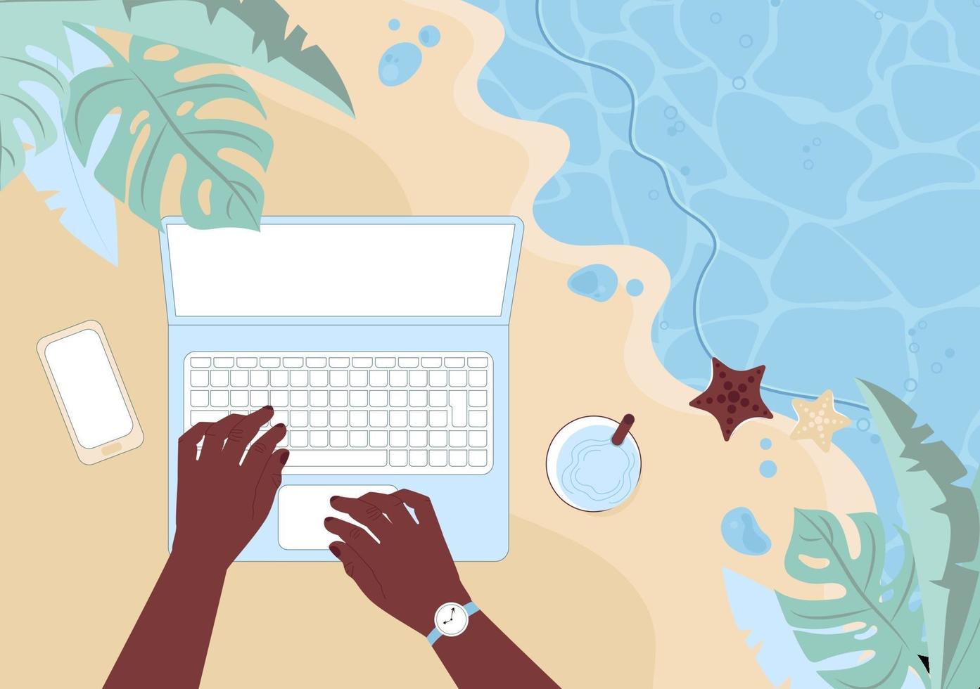 handen van een Afro-Amerikaanse man aan het werk op een laptop door de zee afgelegen werk concept bovenaanzicht van het zandstrand en de werkruimte platte vectorillustratie vector