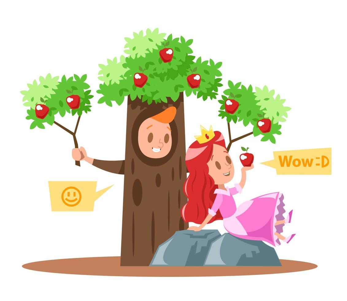 kleine prinsessen en appelboomkaraktersontwerp vector