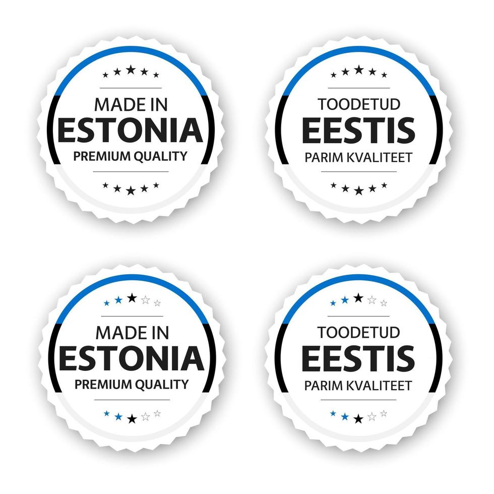 set van vier Estse labels gemaakt in Estland in het Ests toodetud eestis premium kwaliteit stickers en symbolen met sterren eenvoudige vectorillustratie geïsoleerd op een witte achtergrond vector