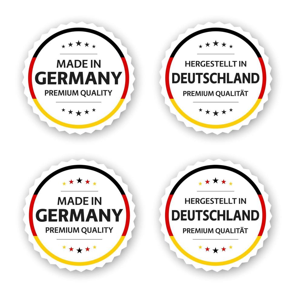 set van vier Duitse labels gemaakt in Duitsland in het Duits Hergestellt in Duitsland premium kwaliteit stickers en symbolen met sterren eenvoudige vectorillustratie geïsoleerd op een witte achtergrond vector