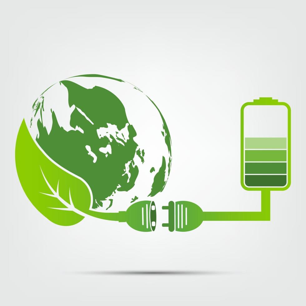 groene aarde concept stekker verlaat ecologie batterij embleem vector