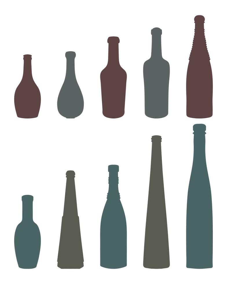 vector reeks van gekleurde vorm van silhouetten van glas flessen voor alcohol, wijn, whisky, wodka, brandewijn, cognac, bier, kwas, Champagne, likeur