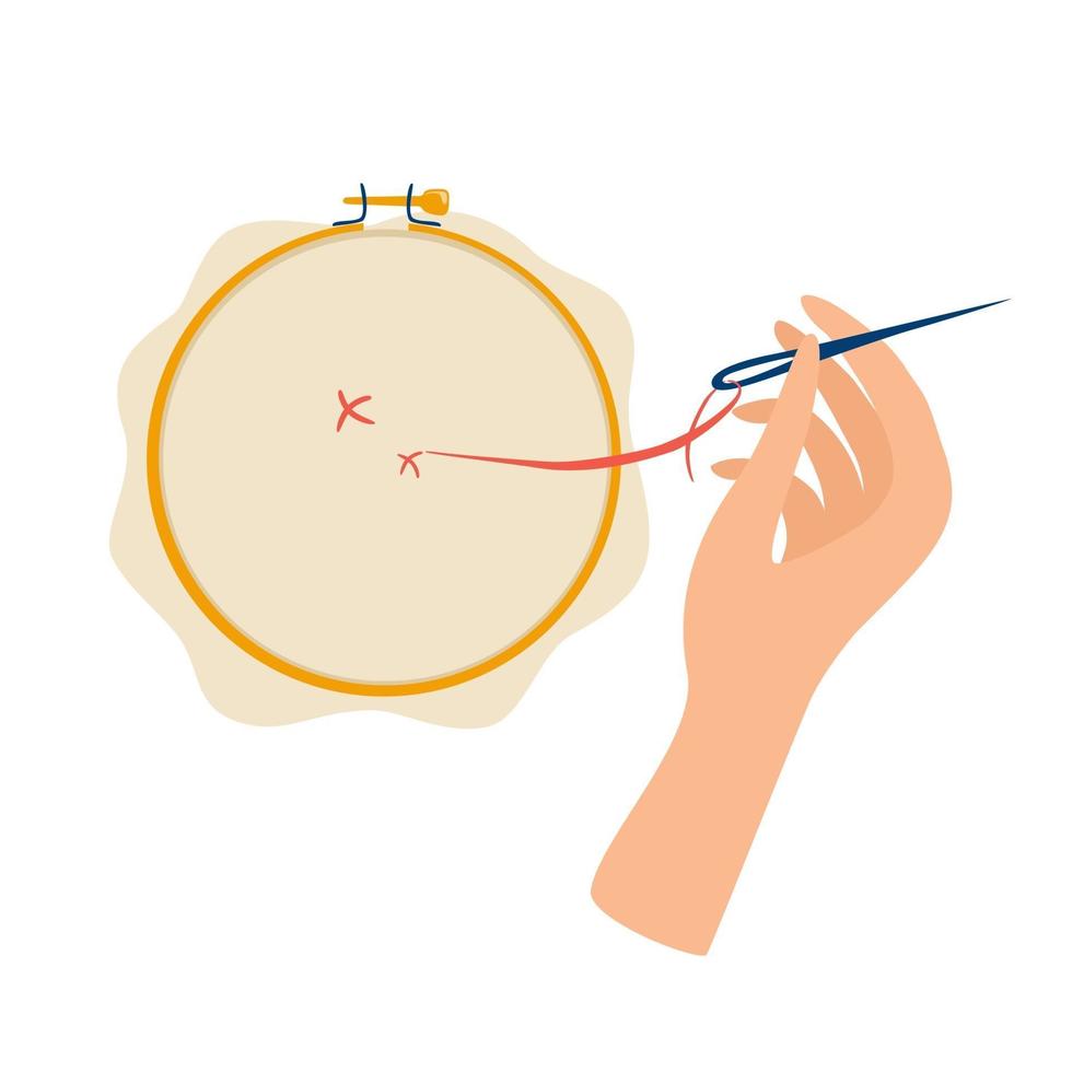 vrouwelijke hand geborduurd kruis op het canvas hand getrokken vectorillustratie in platte cartoon stijl geïsoleerd op een witte achtergrond vector