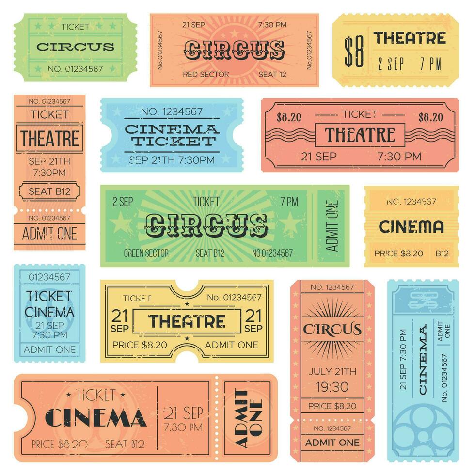 theater of bioscoop toegeven een kaartjes, circus kortingsbonnen en wijnoogst oud ontvangst. retro ticket verzameling vector ontwerp sjabloon reeks