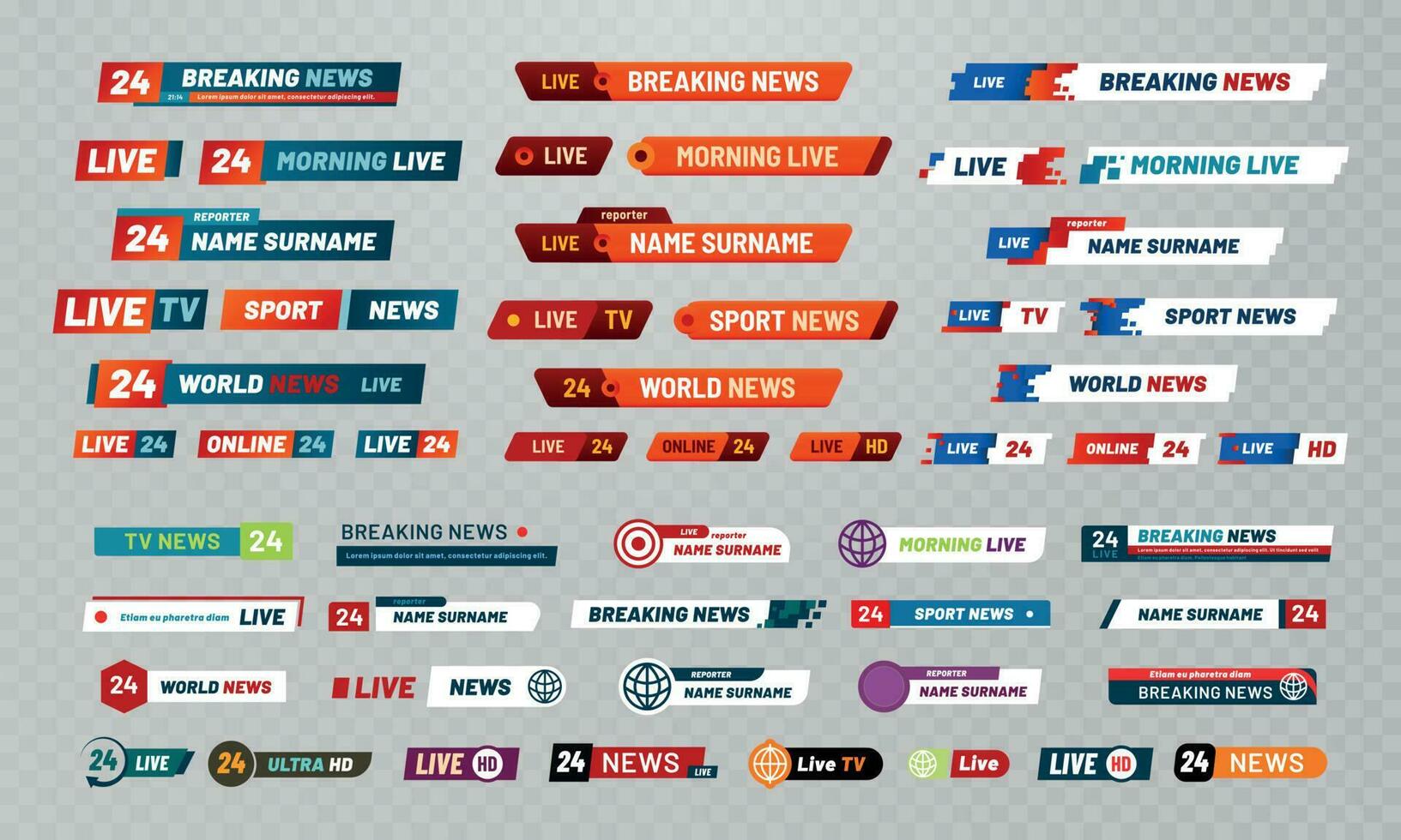 TV uitzending titel. televisie omroep kanalen spandoeken, tonen titels en nieuws leven video banier vector reeks