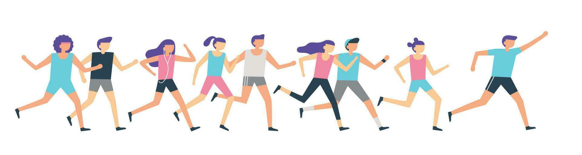 jogging hardlopers groep. ochtend- rennen, volwassen mensen opleiding sport rennen en buitenshuis joggen. geschiktheid loper vlak vector illustratie