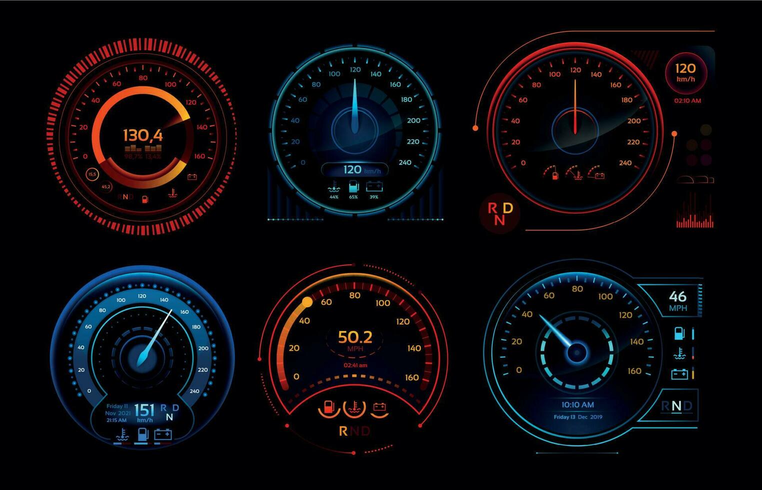 futuristische auto snelheidsmeter. snelheid hud kilometer prestatie indicatoren dashboard, gas- en brandstof niveau analoog panelen vector verzameling