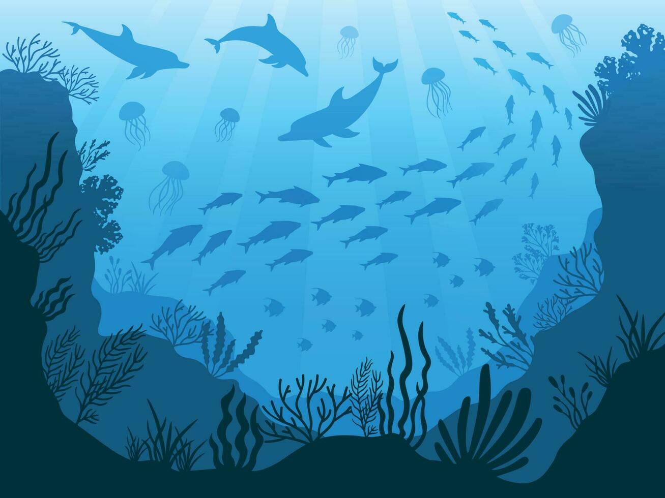 onderwater- oceaan fauna. diep zee planten, vissen en dieren. marinier zeewier, vis en dier silhouet vector achtergrond illustratie