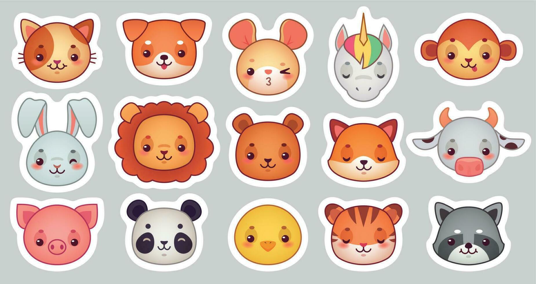 dieren gezicht stickers. schattig dier gezichten, kawaii grappig emoji sticker of avatar. tekenfilm vector illustratie reeks