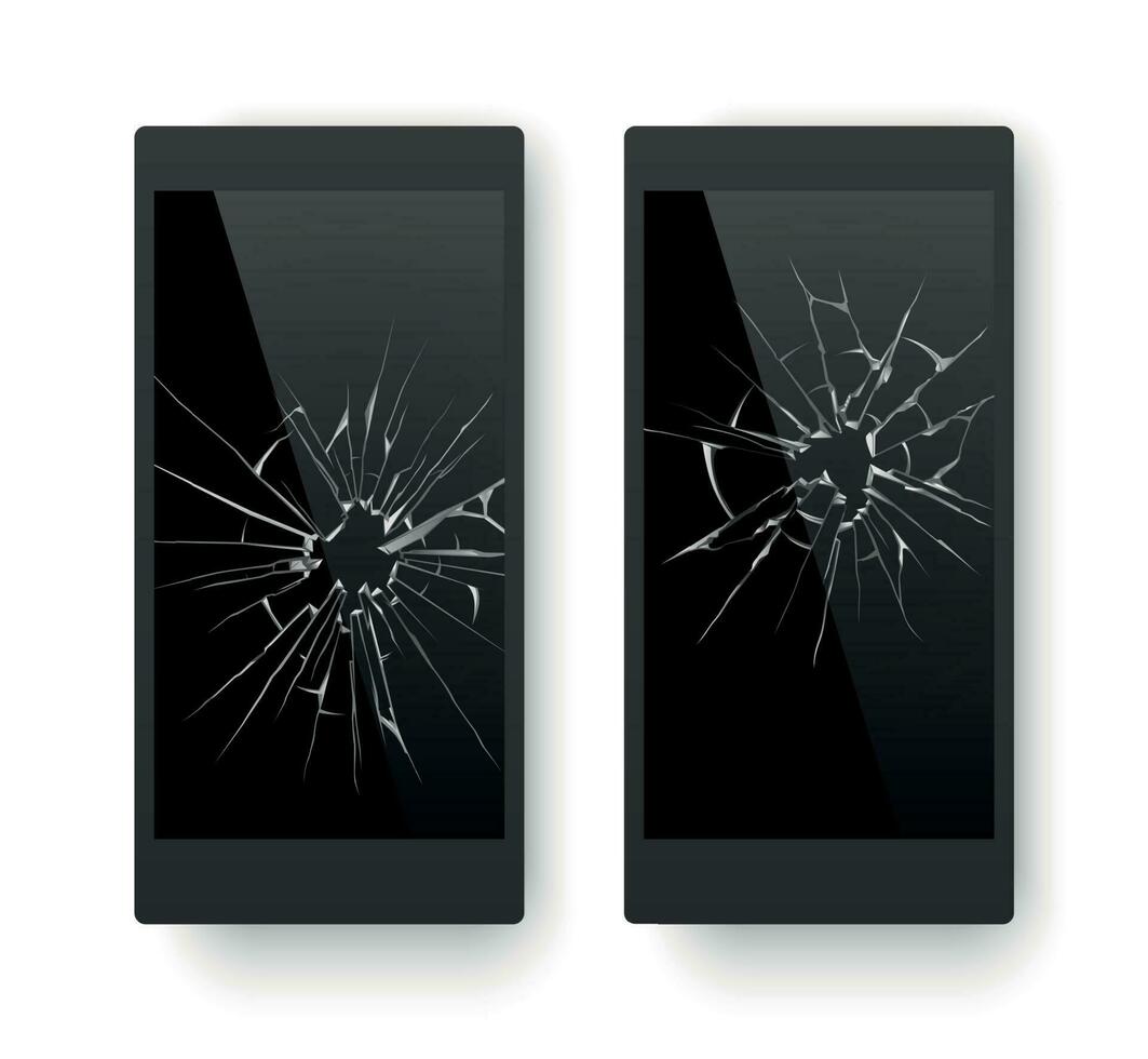 gebroken mobiel telefoon. gebarsten smartphone scherm. verpletterd beschadigd cel telefoon. reparatie vector concept