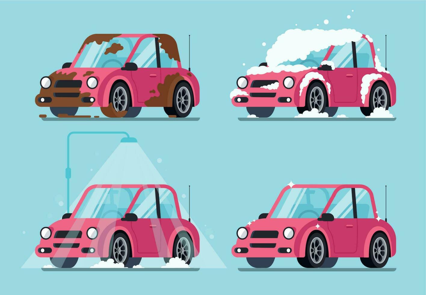 het wassen vuil auto. stappen van schoonmaak auto's van modderig en aarde gedekt naar schoon en glimmend vector illustratie