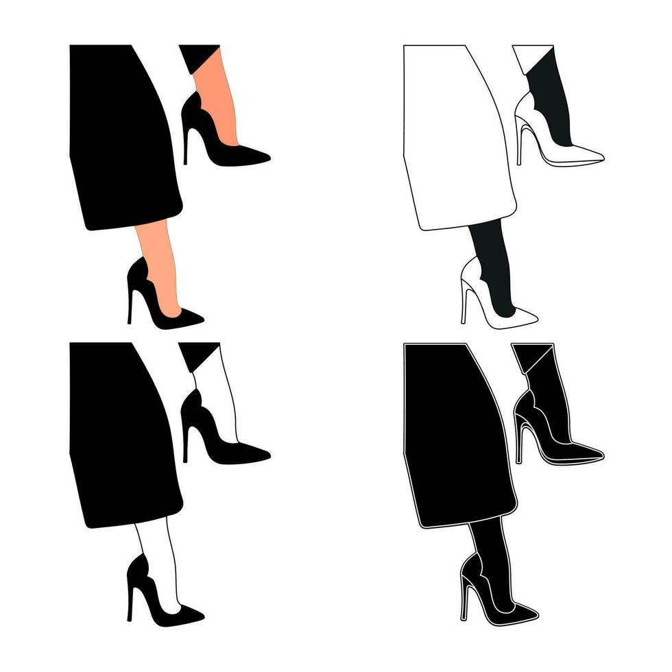 silhouet schets van vrouw poten in een houding. schoenen stiletto's, hoog hakken. wandelen, staan, rennen, springen, dans vector