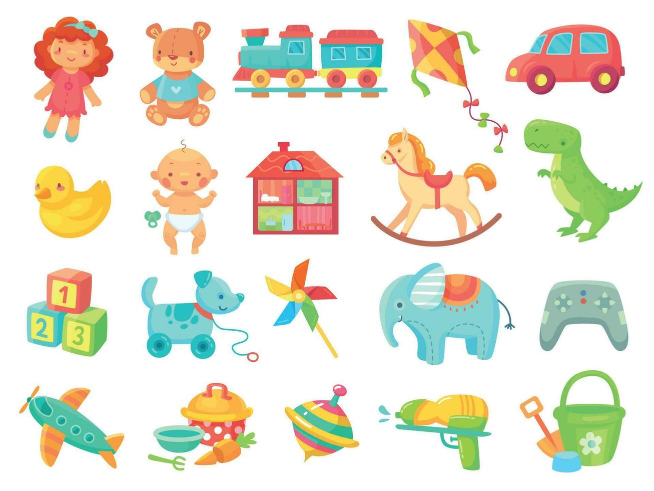 grappig pluche beer meisje pop speelgoed- auto kleurrijk plastic speelgoed voorwerpen vector verzameling