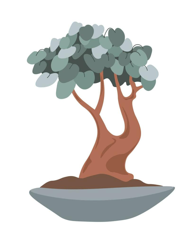 bloem in pot, bonsai boom met stam en gebladerte vector