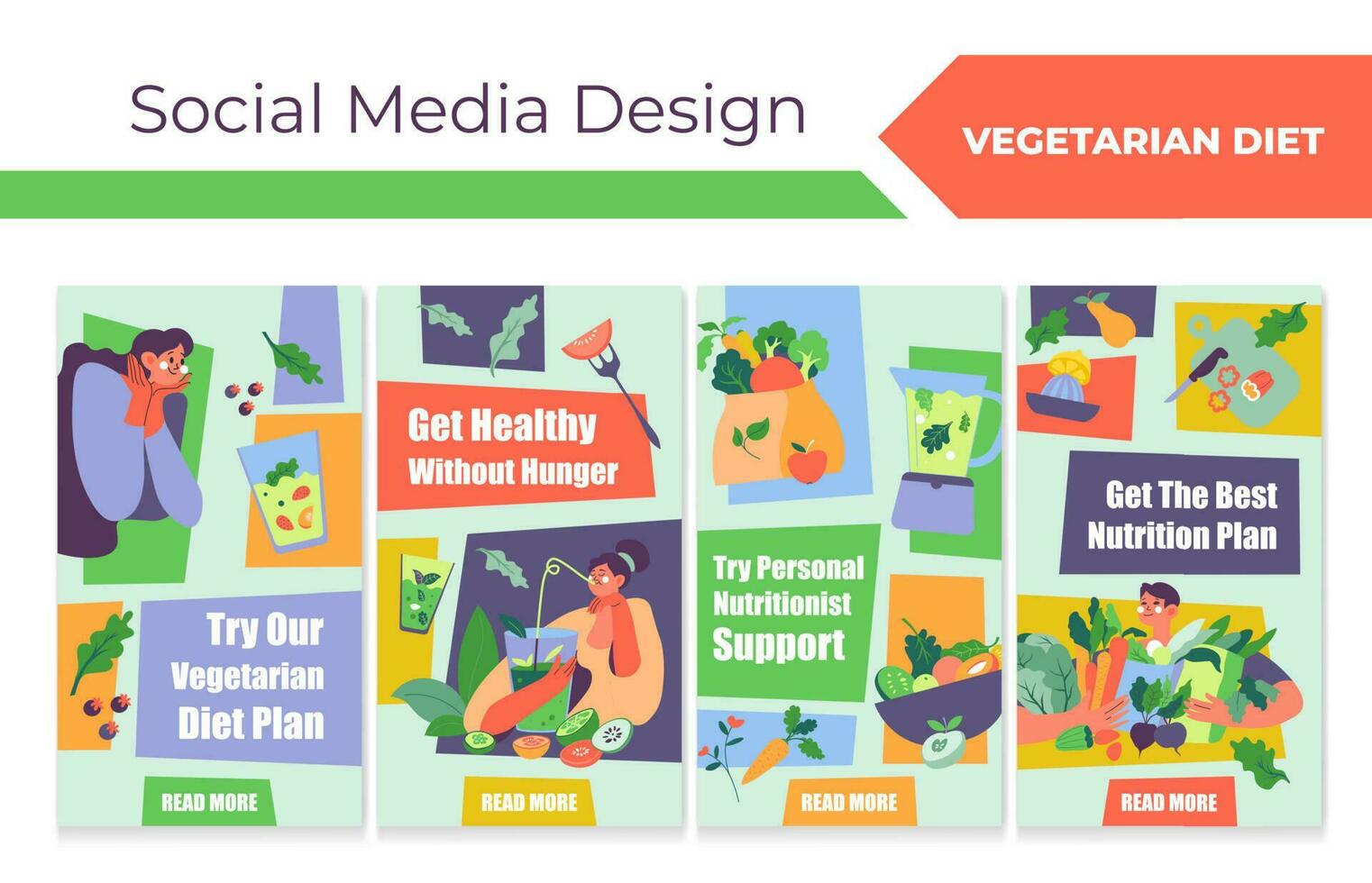 sociaal media verhaal reeks met vegetarisch eetpatroon plan vector