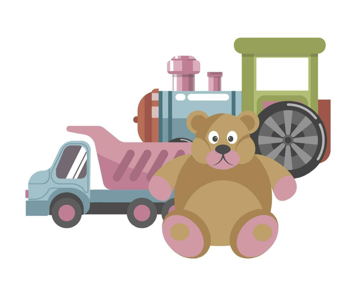kinderen speelgoed, pluche beer en vrachtauto met locomotief vector