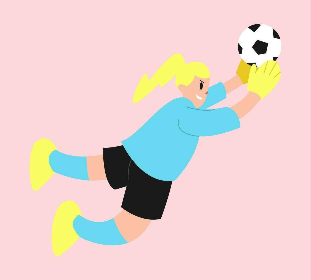 vrouw doelman proberen naar vangst een voetbal bal. slijtage blauw Jersey. spelen Amerikaans voetbal, voetbal. vector vlak illustratie.