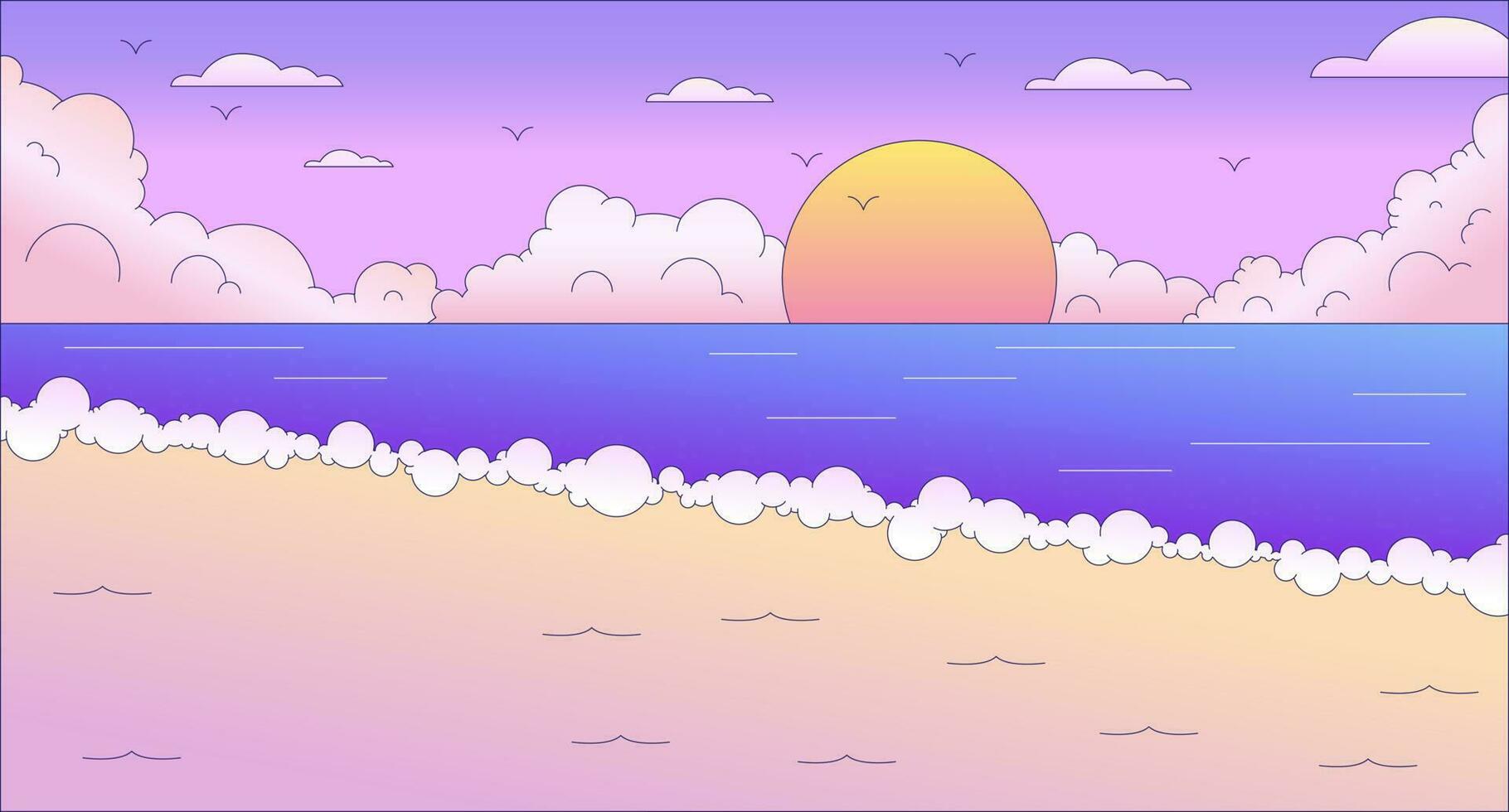 zeegezicht zonsondergang zie fi kilte behang. zonsopkomst oceaan golven. oceaan kust. zon en zand 2d vector tekenfilm landschap illustratie, dampgolf achtergrond. 80s retro album kunst, synthwave esthetiek