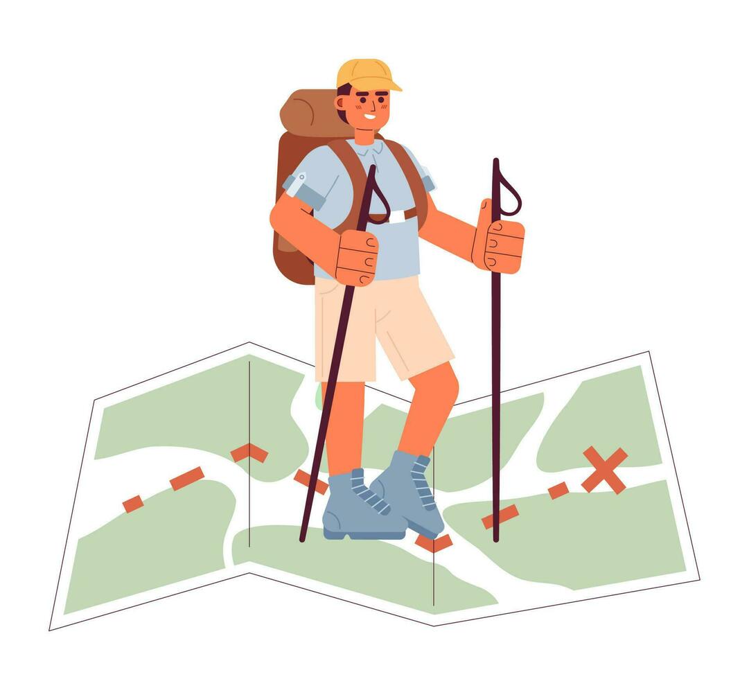 avontuur reizen conceptuele held afbeelding. backpacker trekking aan de overkant kaart 2d tekenfilm karakter Aan wit achtergrond. wildernis backpacken geïsoleerd concept illustratie. vector kunst voor web ontwerp ui