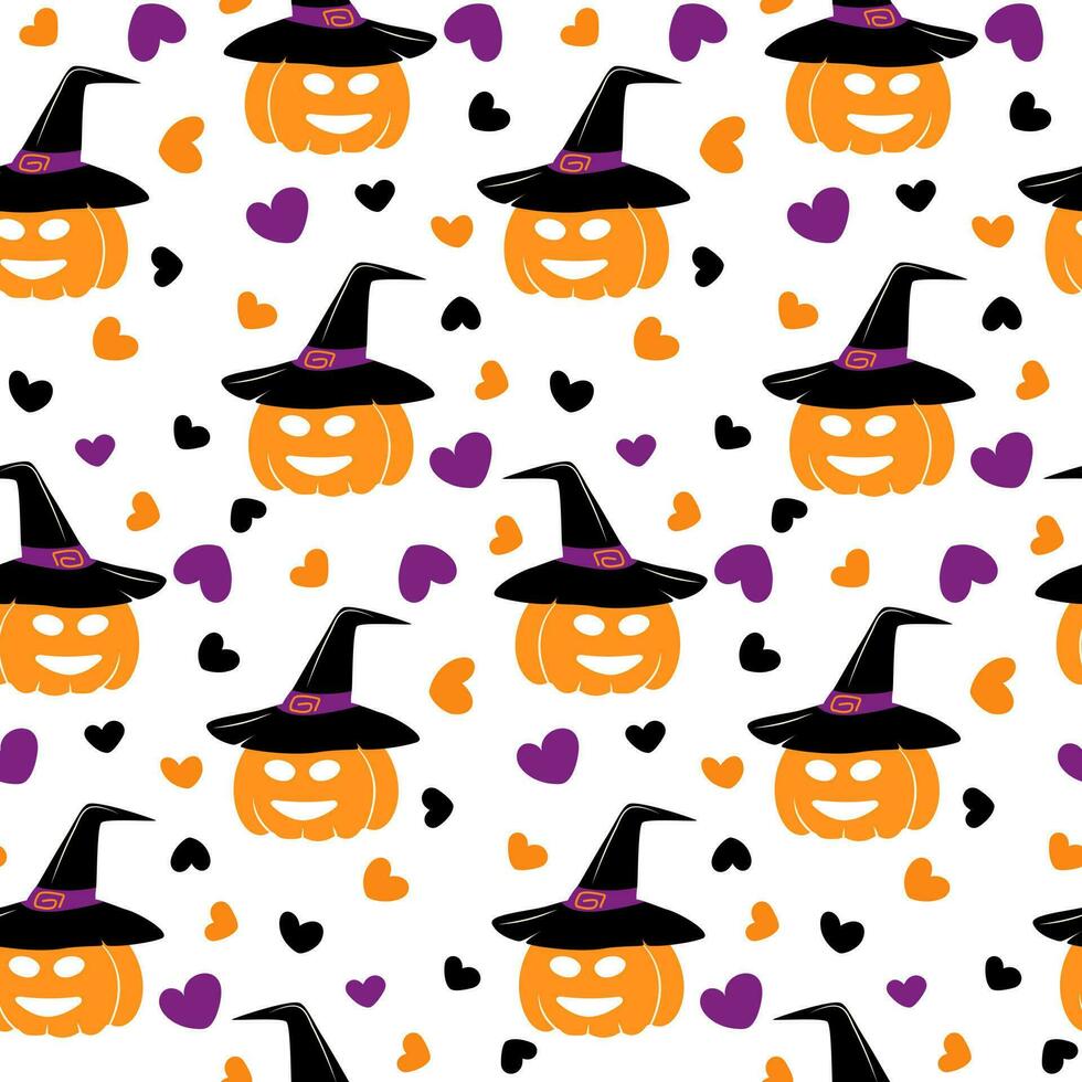 eindeloos patroon van pompoen in heks hoed met glimlachen gezicht en harten in de omgeving van in modieus halloween tinten vector