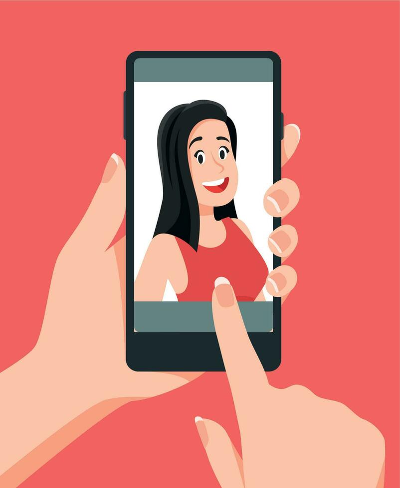 nemen gezicht foto's. vrouw nemen selfie Aan smartphone. slim telefoon vector