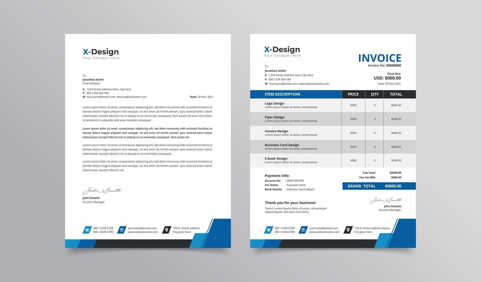 briefpapier en factuur voor professionele zakelijke briefpapier vector