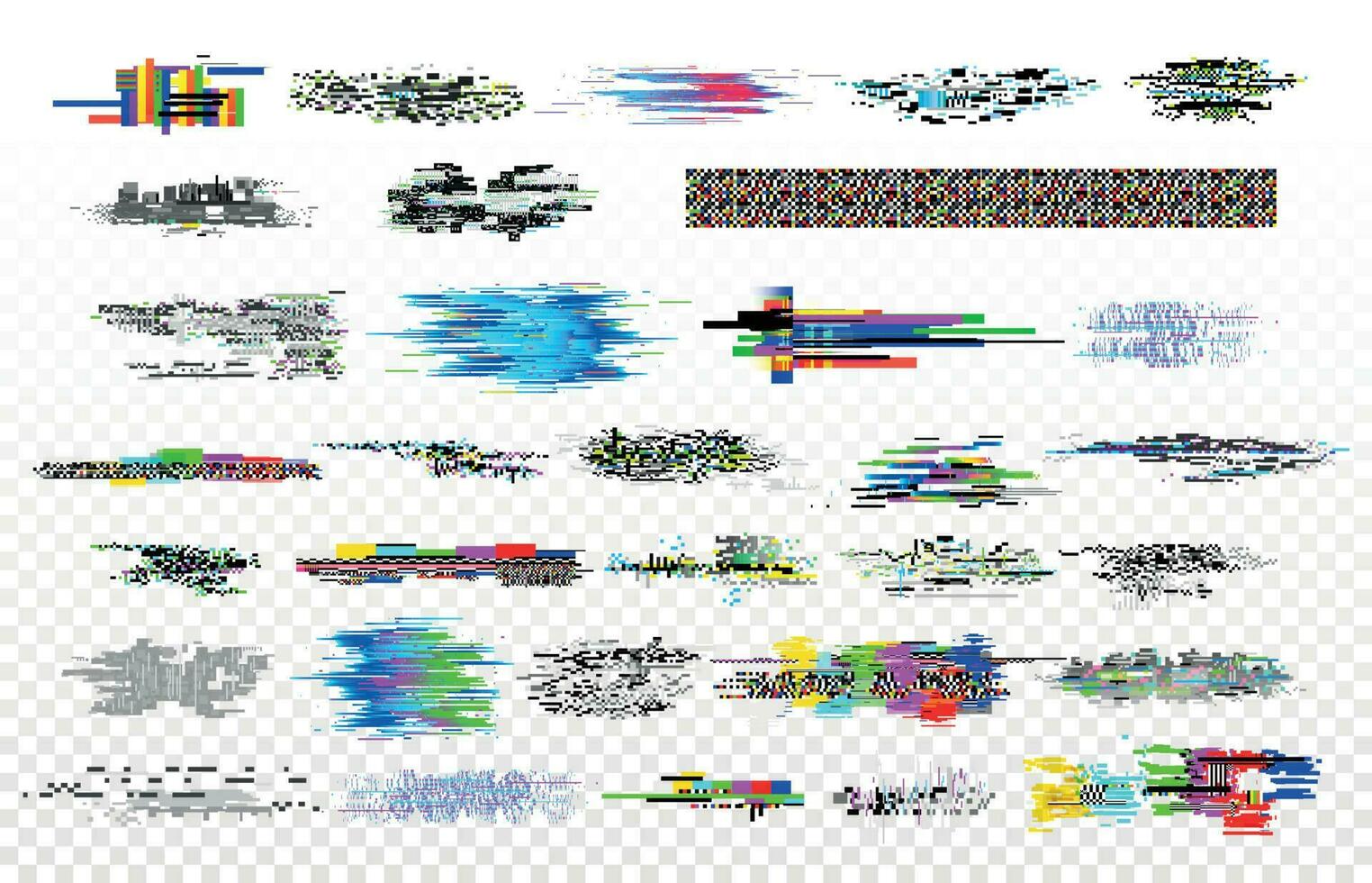 modern glitch verzameling. TV lawaai fouten, toezicht houden op signaal verval en scherm beestje. digitaal gegevens glitched signalen structuur vector reeks