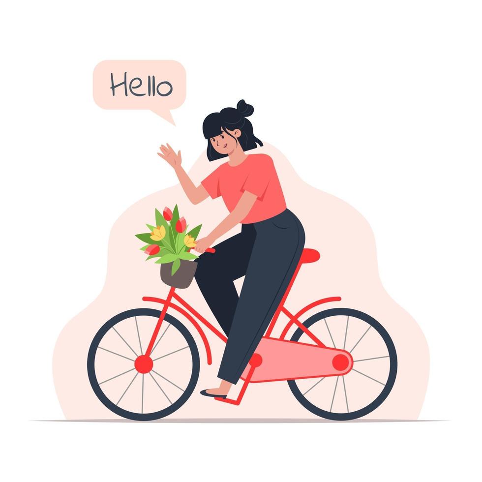 een jonge vrouw rijdt op een fiets met een boeket bloemen in een mand vector