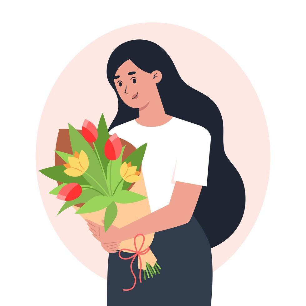 jonge vrouw met een boeket bloemen felicitatie voor vrouwen vector