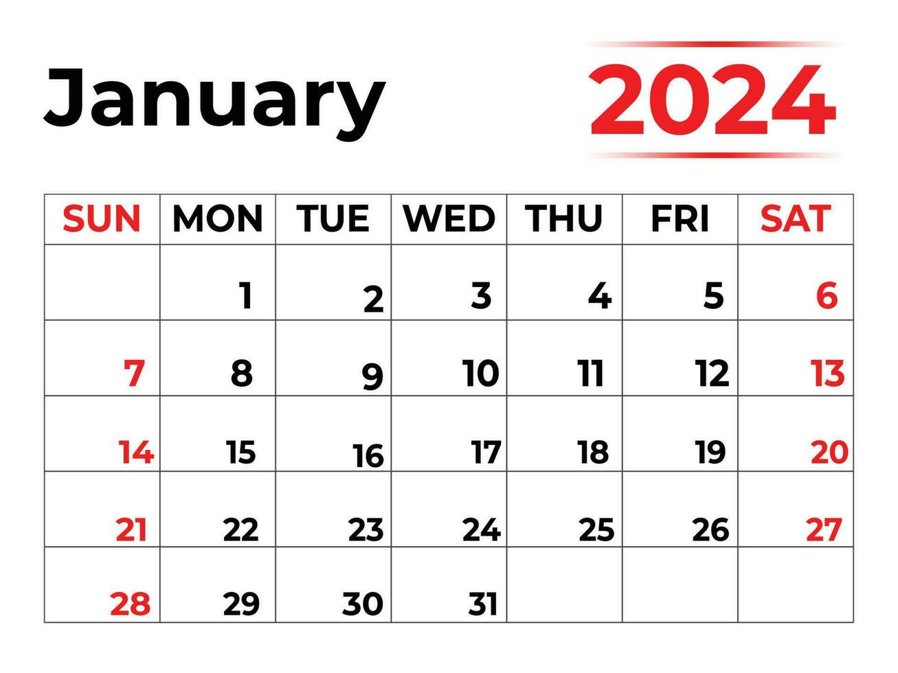 januari 2024 maandelijks kalender ontwerp in schoon Look, week begint van zondag vector