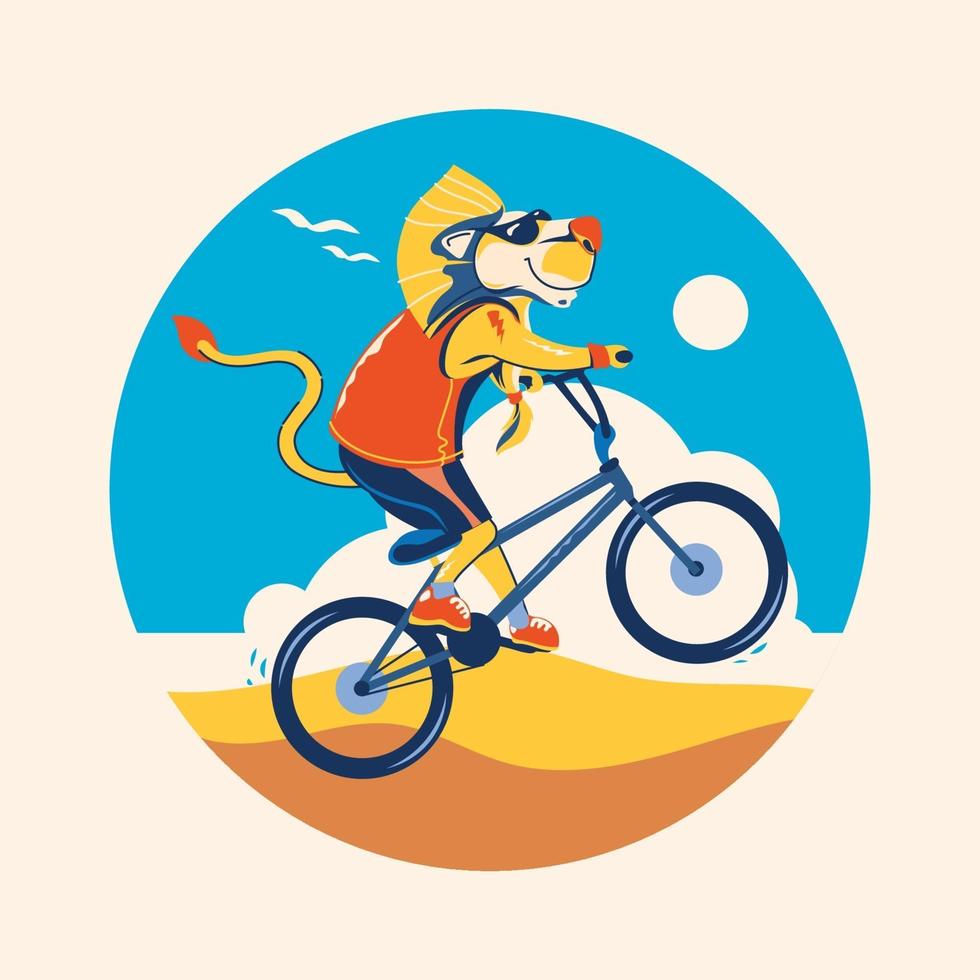 leeuw berijdende fiets bij het strandconcept voor het zomerseizoen vector