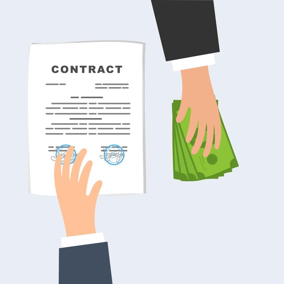 sluiten van een contract zakelijke deal ruilen van geld voor een document vector