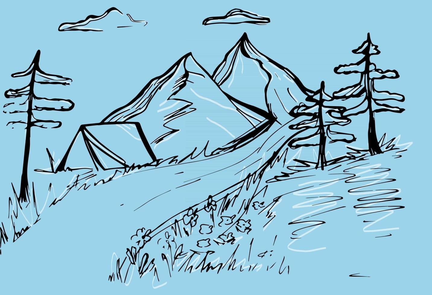 vector bergen berg schets met pijnbomen en een tent